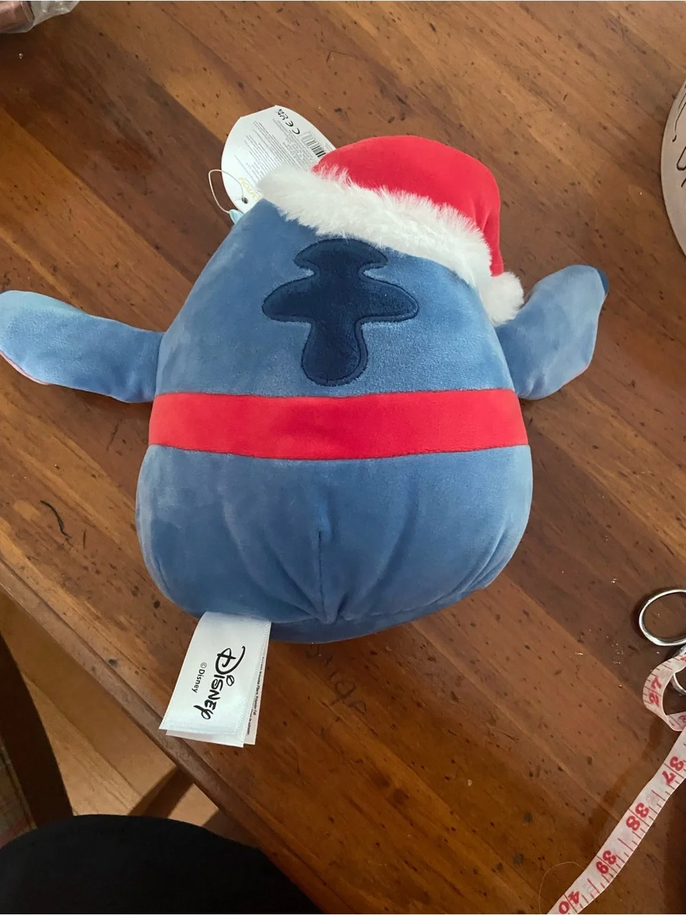 Disney Squishmallow Blue Stitch Plush with Red Santa Hat and Scarf